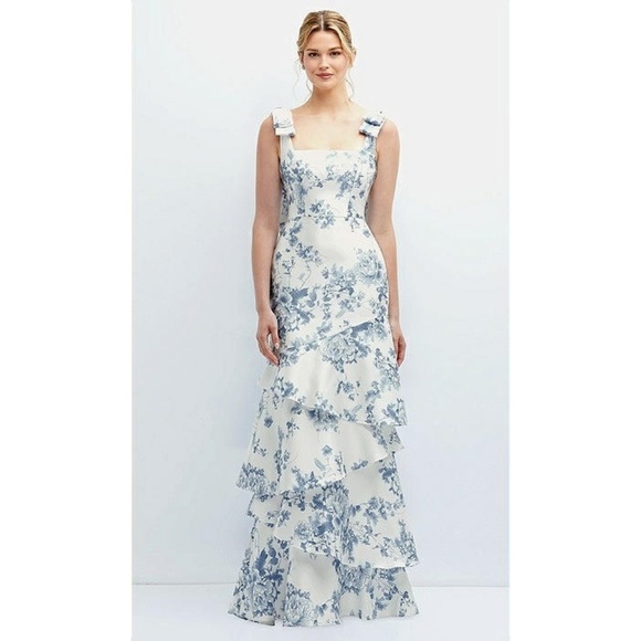 Dessy Collection Bow Shoulder Satin Maxi Dress Asymmetrical Tiered Cottage - Picture 1 of 7